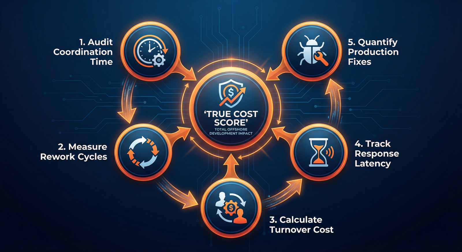 Flowchart showing 5 areas to audit for true offshore development costs