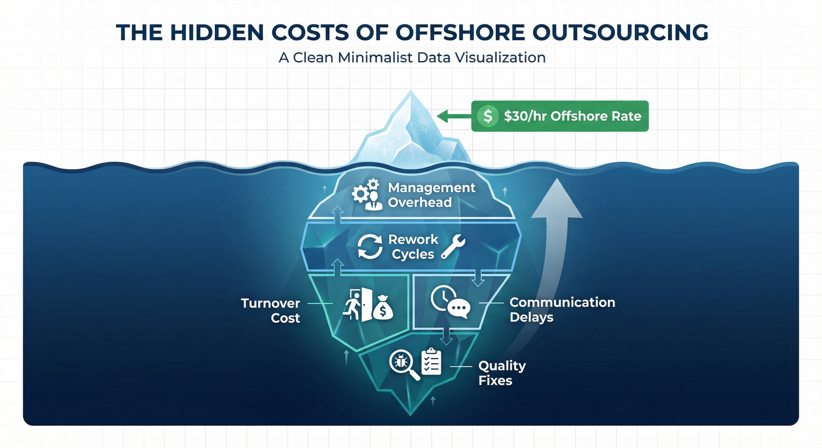 Iceberg showing visible hourly rate vs hidden offshore development costs